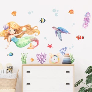 Mermaid wall decal, sea wall decal, Nursery wall Sea World Watercolour Little Mermaid, ocean wall decal, Sea World Ocean Wall Decal ms1
