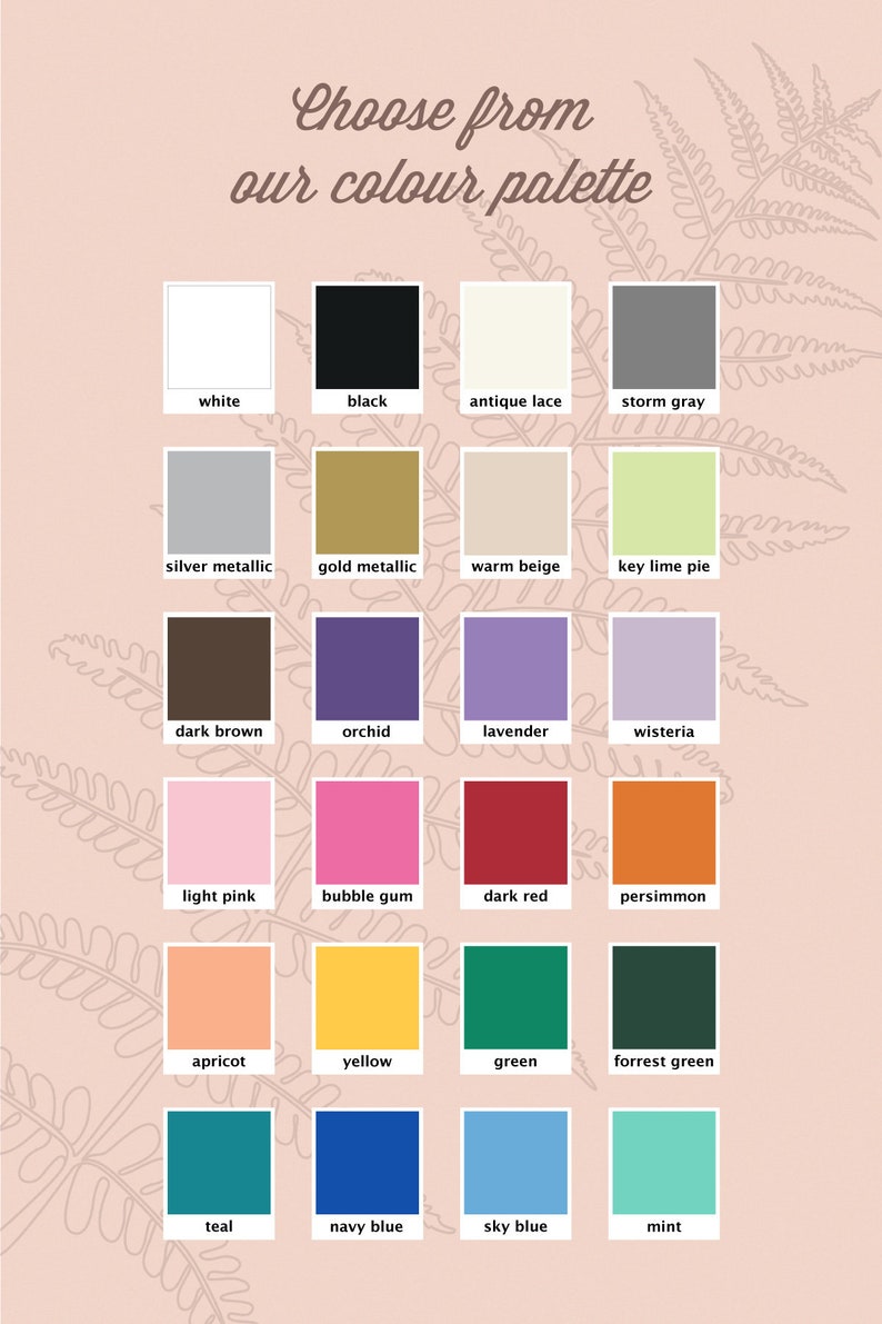 K&ouml;nnte beinhalten: Eine Farbpalette mit dem Text "W&auml;hlen Sie aus unserer Farbpalette". Das Bild zeigt ein Raster von Farbfeldern, darunter Wei&szlig;, Schwarz, Silbermetallic, Dunkelbraun, Hellrosa, Aprikose, T&uuml;rkis und mehr.