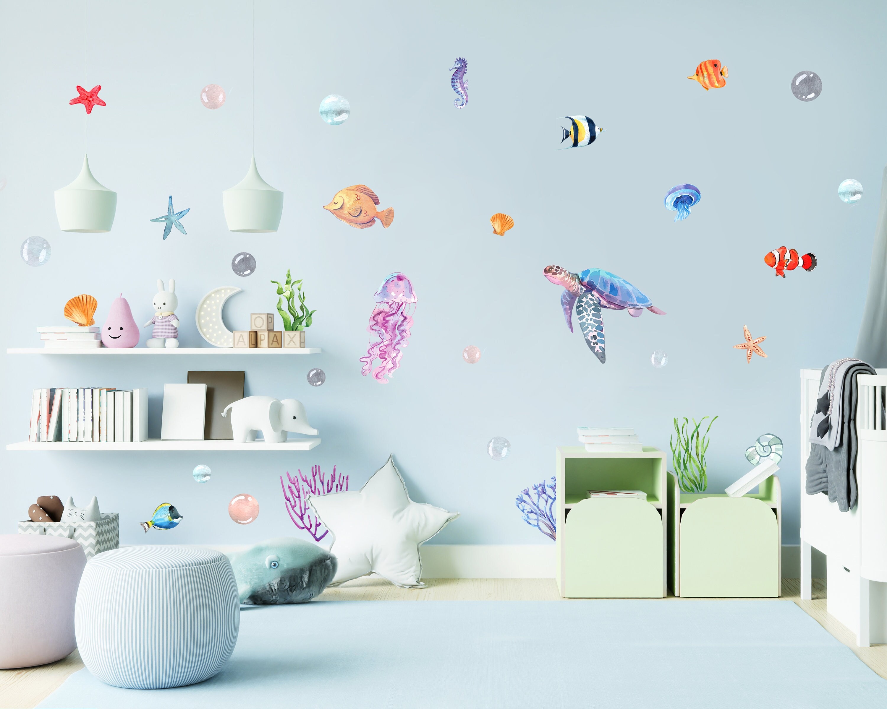 Sea Horse Ocean Wall Stickers - Removable Waterproof Vinyl Decals For Kids Bathroom, Nursery Decor - View #9