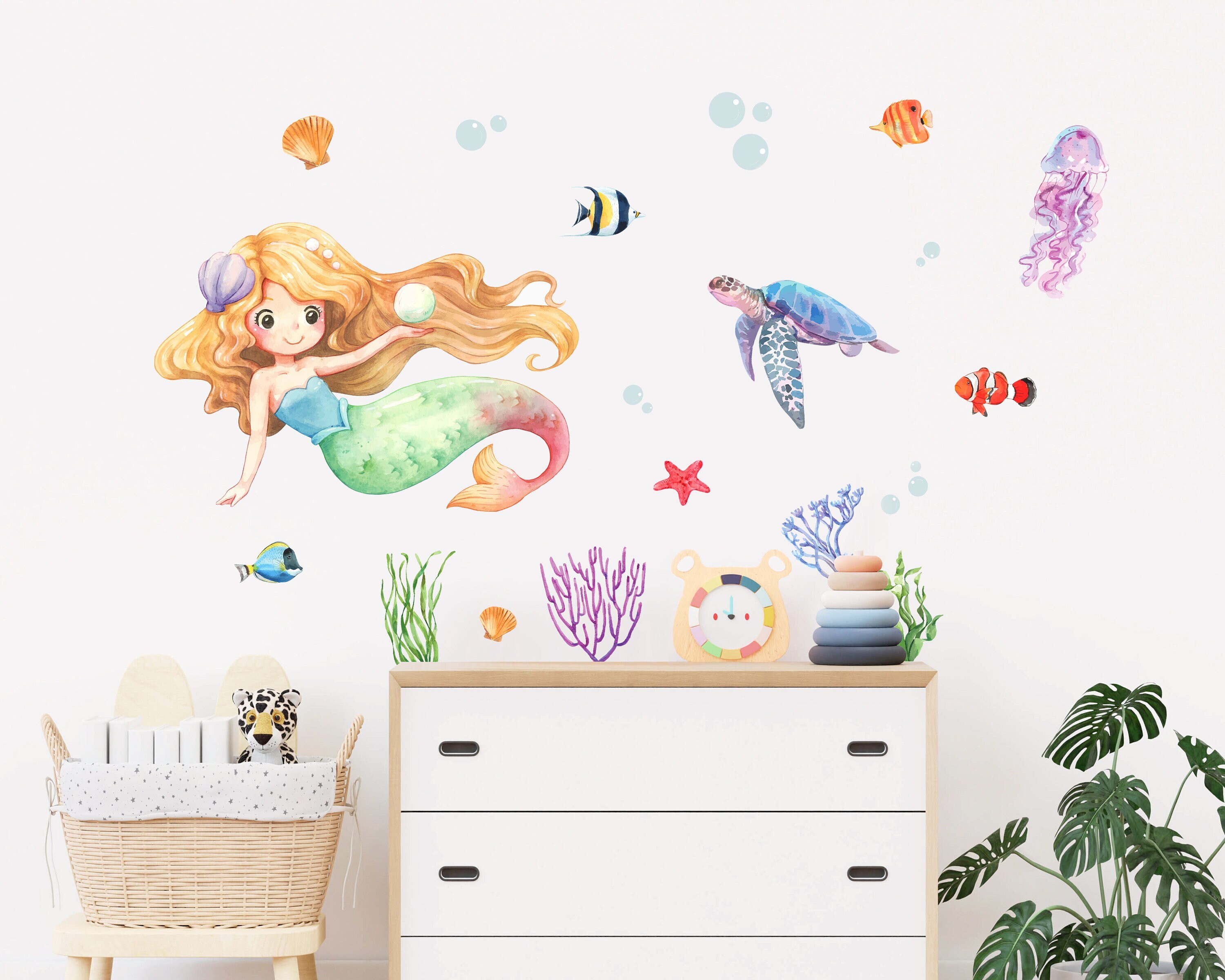 Mermaid Wall Decal, Sea Wall Decal, Nursery Wall Sea World Watercolour ...