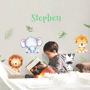 Personalized Door Name decal, Safari animals, Watercolor tropical animals, Kids room door Decor, above crib decal Animals Nursery ac6