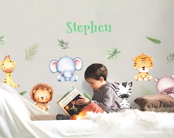 Personalized Door Name decal, Safari animals, Watercolor tropical animals, Kids room door Decor, above crib decal Animals Nursery ac6