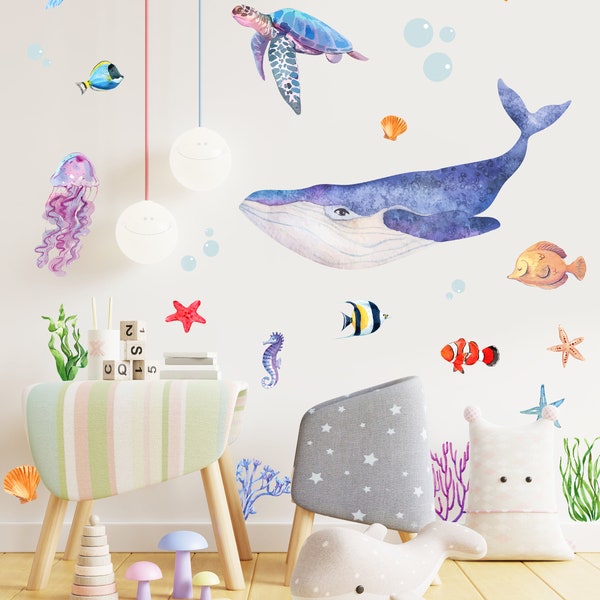 Ocean Wall Decal Watercolor, Peel and stick wall stickers for nursery OCEAN Life with fishes, octopus, ray, turtles, corals, jellyfishes ws