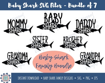 Baby Shark Family Bundle SVG Files - Ensemble de 7 | Bébé Requin, Maman Requin, Papa Requin