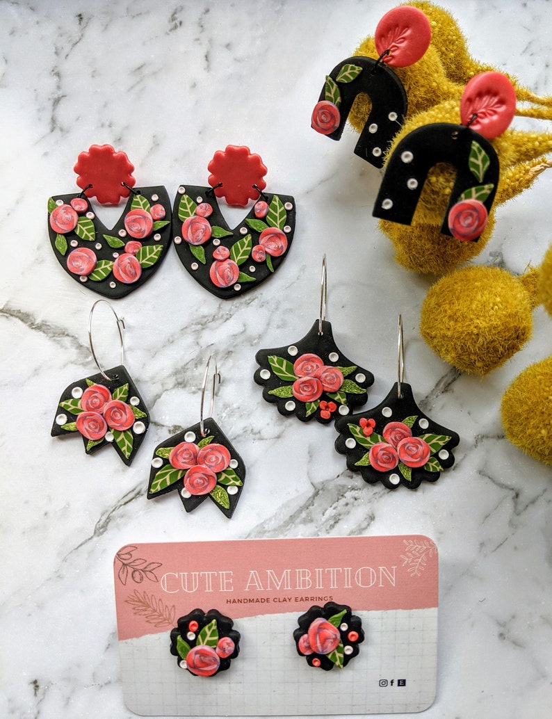 Polymer Clay Earrings Floral Dangle Earrings Clay Earrings Pink Ombre Rose with leaves Earrings Rose Statement Earrings Handmade