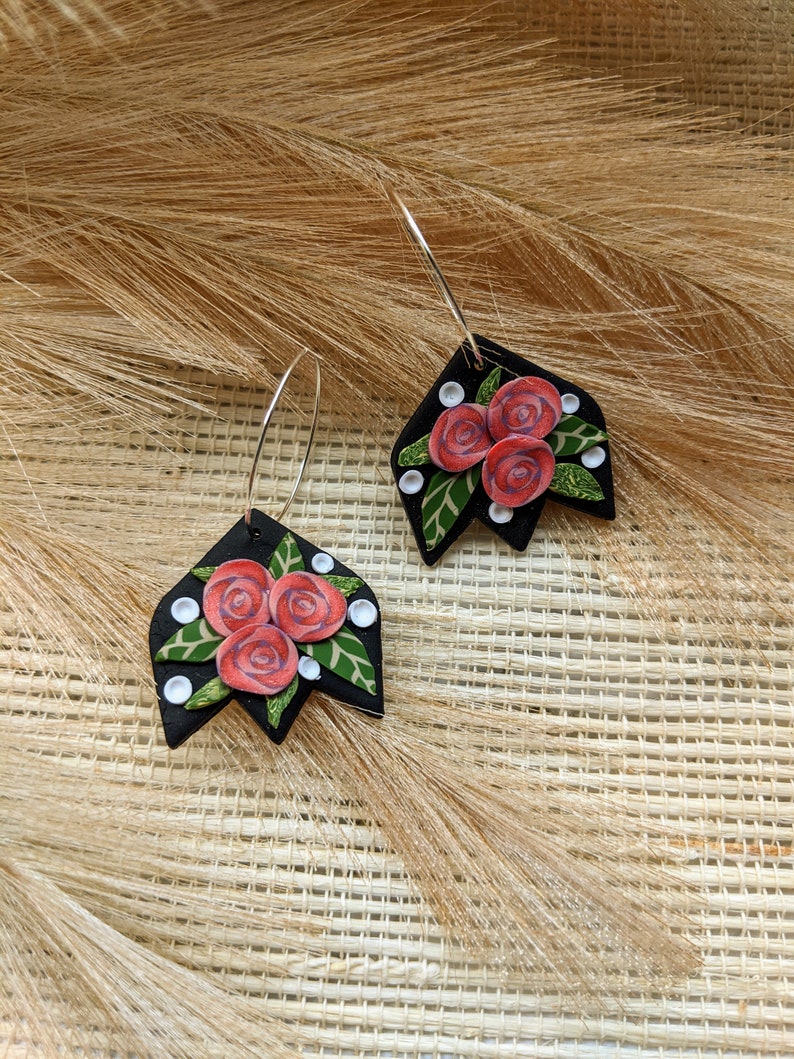 Polymer Clay Earrings Floral Dangle Earrings Clay Earrings Pink Ombre Rose with leaves Earrings Rose Statement Earrings Handmade