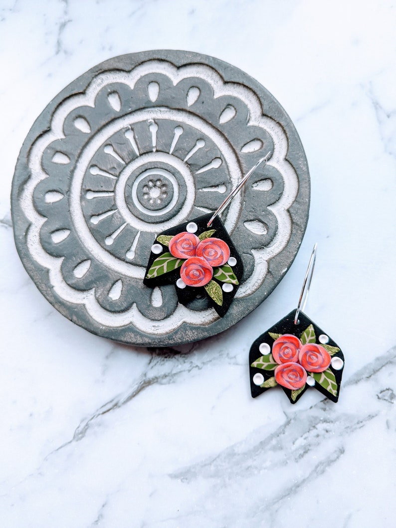Polymer Clay Earrings Floral Dangle Earrings Clay Earrings Pink Ombre Rose with leaves Earrings Rose Statement Earrings Handmade