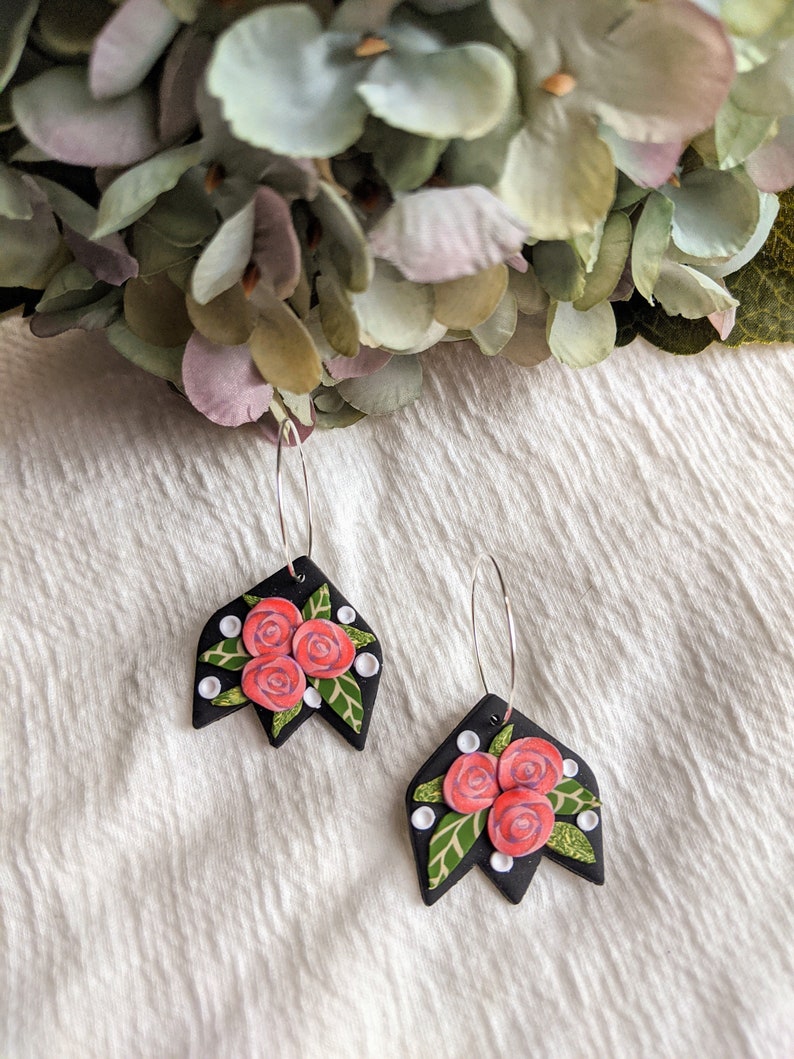 Polymer Clay Earrings Floral Dangle Earrings Clay Earrings Pink Ombre Rose with leaves Earrings Rose Statement Earrings Handmade