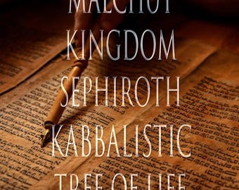 May include: A close-up of an old, worn, parchment-like scroll with Hebrew text. A wooden pen is pointing to the text, which reads "MALCHUT KINGDOM SEPHIROTH KABBALISTIC TREE OF LIFE".