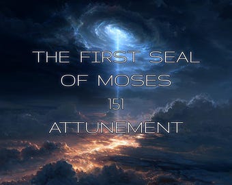 May include: A digital art image featuring a dramatic sky with swirling clouds and a bright light emanating from the center. The text "THE FIRST SEAL OF MOSES 151 ATTUNEMENT" is displayed in white.