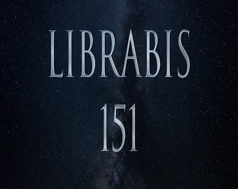 May include: A dark blue background with a silver metallic font that reads "LIBRABIS 151". The background is filled with white stars.