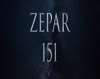 Puede incluir: Un fondo azul oscuro con un cielo estrellado blanco. El texto "ZEPAR 151" está escrito en fuente plateada.