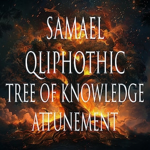 Puede incluir: Un árbol naranja y amarillo ardiente con el texto "Samael Qliphothic Tree of Knowledge Attunement" superpuesto.