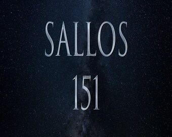 Puede incluir: Un gráfico de texto metálico plateado sobre un fondo azul oscuro con estrellas blancas. El texto dice "SALLOS 151".