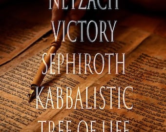 May include: A close-up of an old, brown, leather-bound book with Hebrew text. A quill pen is pointing to the text, which reads "Netzach Victory Sephiroth Kabbalistic Tree of Life".
