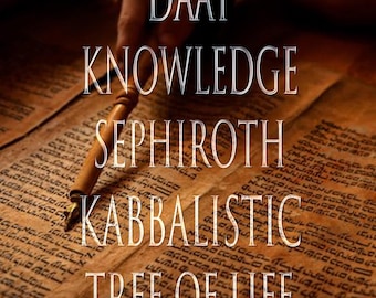 May include: An image featuring text related to Kabbalah. The words "DAAT, KNOWLEDGE, SEPHIROTH, KABBALISTIC, TREE OF LIFE" are displayed in a stylized font. A hand holds a pen over a parchment-like surface with Hebrew text.