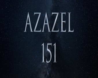 Puede incluir: Un gráfico de texto metálico plateado sobre un fondo azul oscuro con estrellas blancas. El texto dice "Azazel 151".