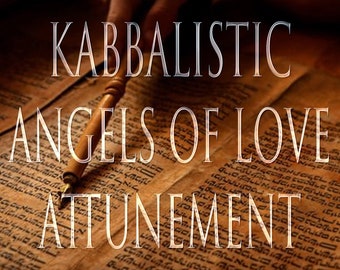 May include: Image features the text "KABBALISTIC ANGELS OF LOVE ATTUNEMENT" in a stylized font. The text is superimposed over an aged parchment with script and a quill pen. The overall aesthetic suggests a spiritual or historical theme.