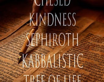 May include: A close-up of an old, brown, leather-bound book with Hebrew text. The text is partially obscured by a wooden pen with a quill. The words "CHESED KINDNESS SEPHIROTH KABBALISTIC TREE OF LIFE" are superimposed on the image.