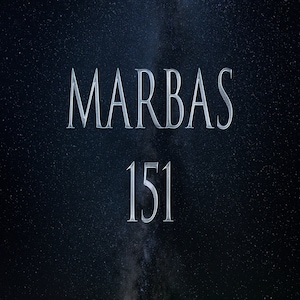 May include: The word "MARBAS" in a silver, elegant font is displayed above the number "151" on a dark blue background with a starry effect. The text is centered, creating a striking visual contrast.