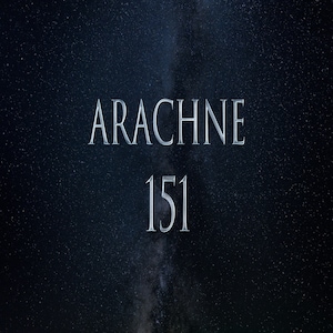 May include: A dark blue night sky with a bright white Milky Way galaxy in the center. The text "ARACHNE 151" is written in white on the galaxy.