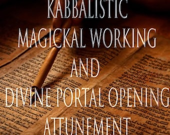 May include: A close-up of an open book with Hebrew text. A hand is holding a wooden pointer over the text. The text reads "Kabbalistic Magickal Working and Divine Portal Opening Attunement".