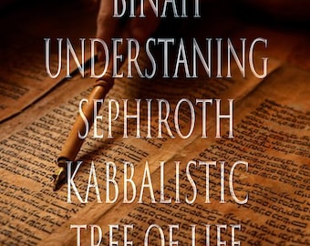 May include: A close-up image of an old, worn, and yellowed scroll with Hebrew text. A wooden pen is pointing to the text, which reads "BINAH UNDERSTANDING SEPHIROTH KABBALISTIC TREE OF LIFE".