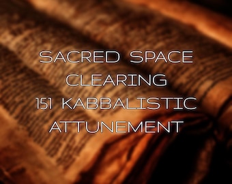 May include: Image of an open book with aged pages, featuring the text "SACRED SPACE CLEARING 151 KABBALISTIC ATTUNEMENT" in white. The book's pages are a warm brown, with a blurred background.