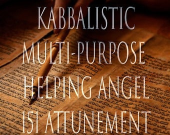 May include: A close-up of an old, worn, parchment-like scroll with Hebrew text. The text is partially obscured by a wooden stick. The text reads "KABBALISTIC MULTI-PURPOSE HELPING ANGEL 151 ATTUNEMENT".