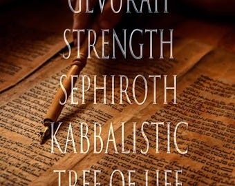 May include: Image of ancient parchment with Hebrew text and the words "Gevurah, Strength, Sephiroth, Kabbalistic, Tree of Life" in a vertical layout. A hand holds a quill pen over the text.