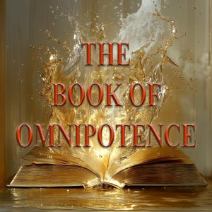 May include: A golden book, open to reveal its pages, with the title "THE BOOK OF OMNIPOTENCE" in red lettering. Water is splashing around the book, creating a dynamic image. The background has a warm, golden colour.