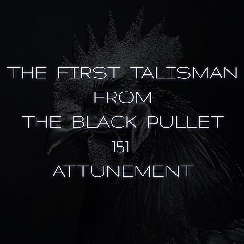 Op de afbeelding: Een zwarte haan met gedetailleerde veren en kam tegen een donkere achtergrond. Witte tekst luidt: "THE FIRST TALISMAN FROM THE BLACK PULLET 151 ATTUNEMENT."