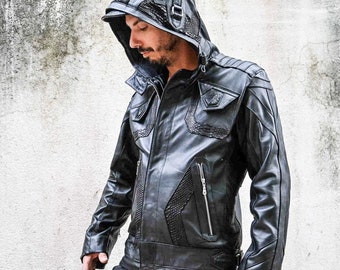 Motorcycle Jacket Black Leather Jacket With Gray Hoodie Men's