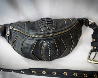 Leather fanny pack, goth bag, bum bag, cross body bag, cyberpunk bag, leather belt bag, studded fanny pack, waist bag, utility belt bag