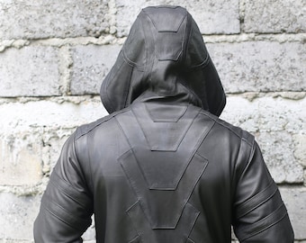La chaqueta Shadow Switch — Sudadera con capucha de cuero negro para hombre, abrigo de festival con mangas desmontables