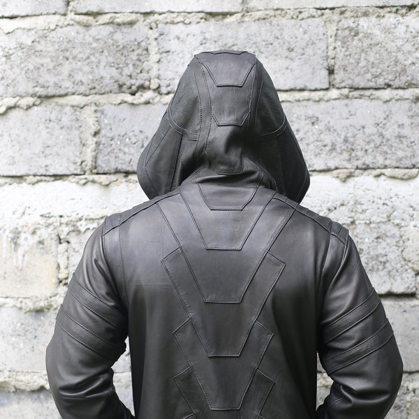 Men's Leather Jacket | winter jacket | removable sleeves jacket | black leather jacket | leather hoodie | cyber punk jacket | cyberpunk