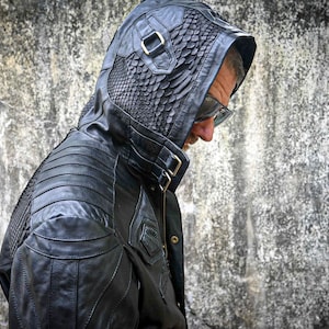 Men&#39;s Leather Jacket | winter jacket | urban ninja | biker jacket | black leather jacket | leather hoodie | cyberpunk jacket | jacket