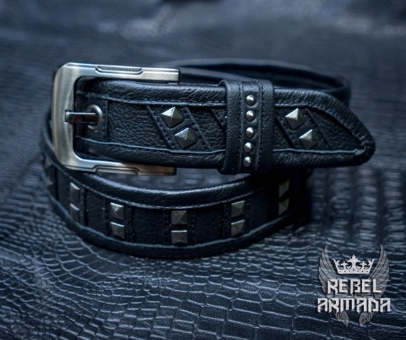 thumbnail image 2 of 2-Row Metal Studded Punk Rock Biker Belt – Black Genuine Leather – Unisex 2 of 5