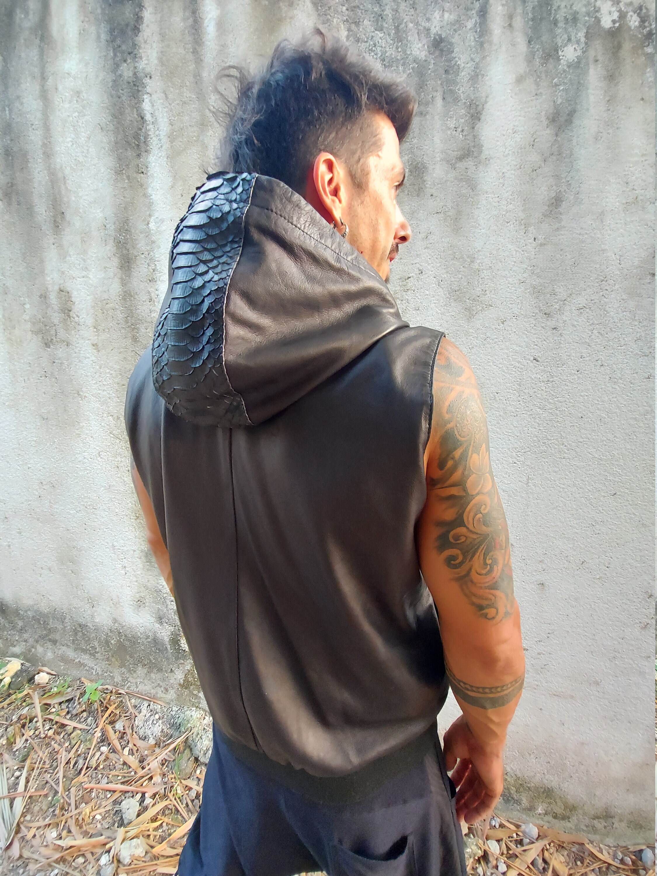 Leather vest shop with hood