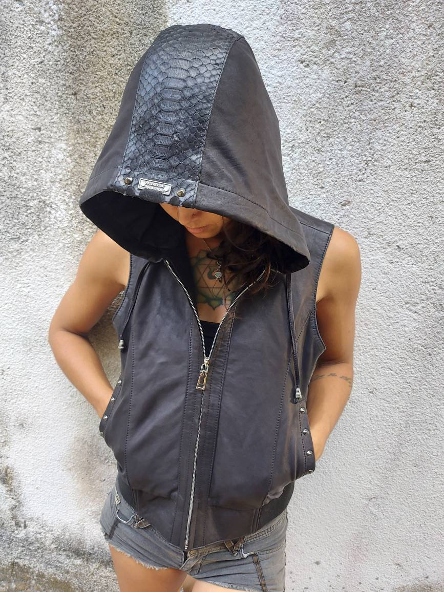 Sleeveless leather sales hoodie