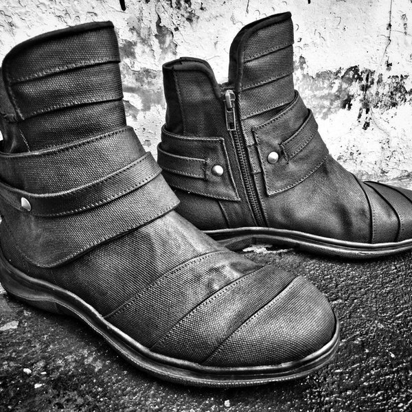 Vegan boots men, canvas boots, mens boots, black boots, cyberpunk boots, steampunk boots, pirate boots, custom boots, mens side zip boots
