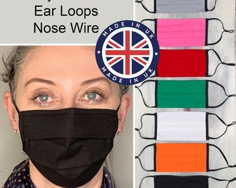 Face Mask with Nose Wire bridge strip - Pleated Washable & Reusable Double Layer Cotton with finished edged trim NEXT DAY SHIPPING
