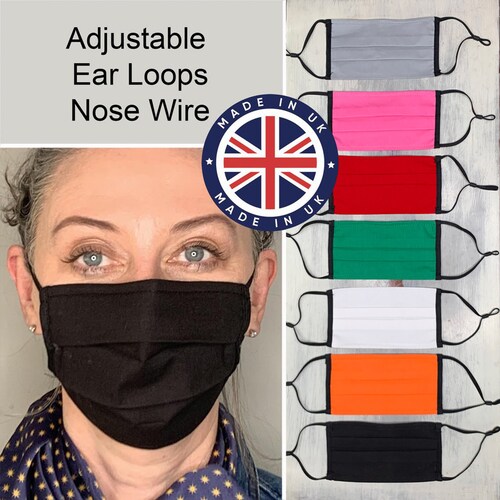 Face Mask with Nose Wire bridge strip - Pleated Washable & Reusable Double Layer Cotton with finished edged trim NEXT DAY SHIPPING