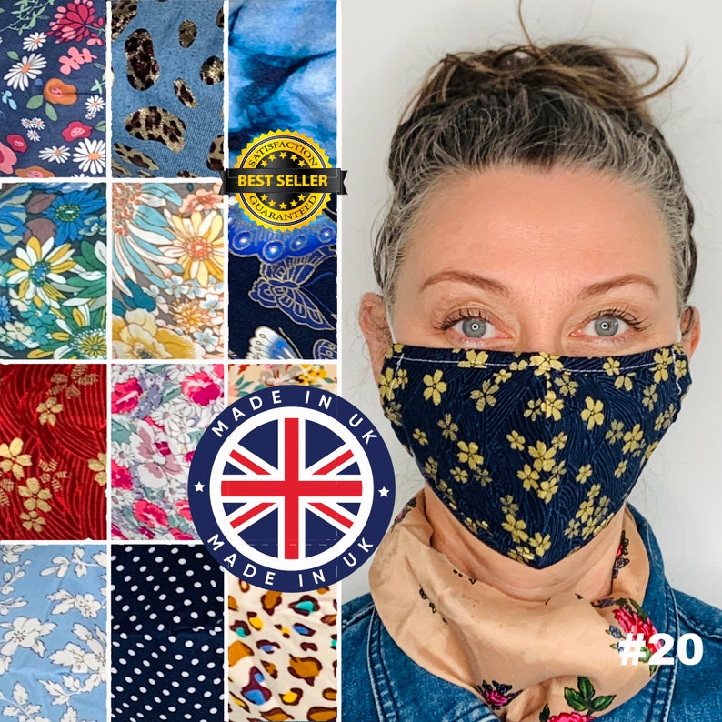 Face Mask with Nose Wire Filter Pocket - Washable 3 Layer Cotton Mask Free UK Shipping - More Patterns Available Same Day Shipping #19 