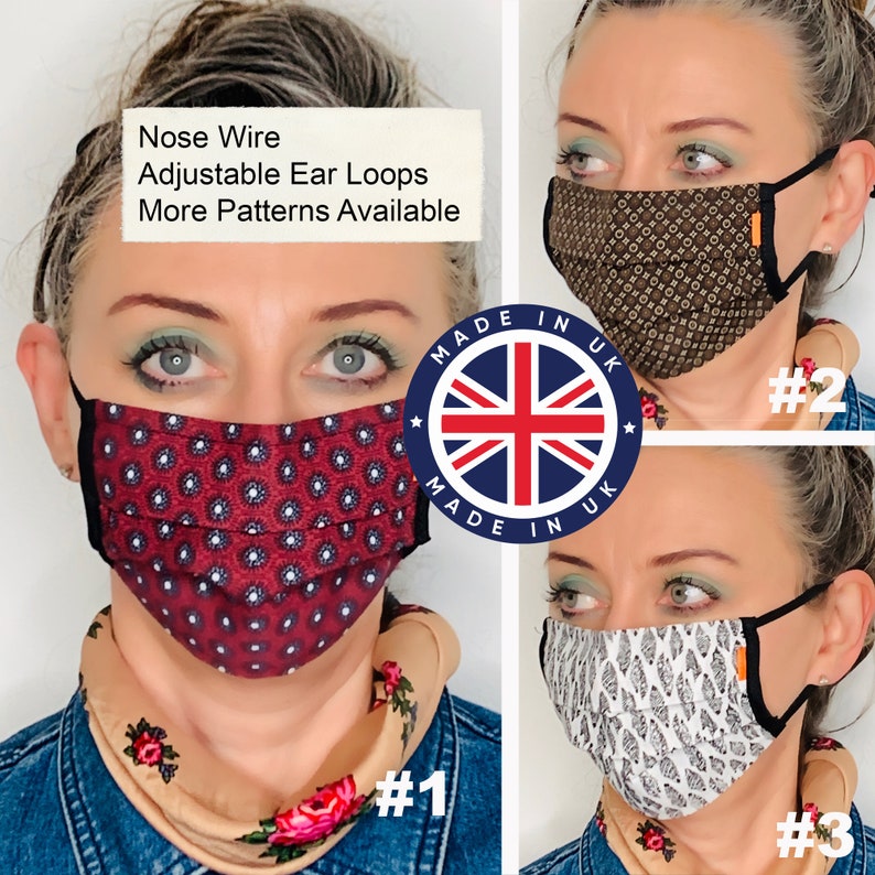 Face Mask with Nose Wire Bridge Strip - Pleated Washable & Reusable Double Layer Cotton with Finished Edged Trim 