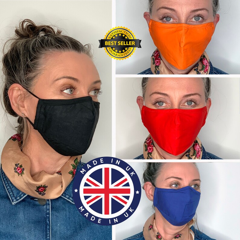 Face Mask with Filter Pocket Nose Wire, Free UK Delivery, Washable, Triple Layer 100% Cotton, Handmade, Same Day Shipping 