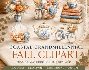 Blauwe kust herfst aquarel clipart bundel PNG, chinoiserie pompoenen, hortensia's, schelpen, herfst Cottagecore, Instant Download