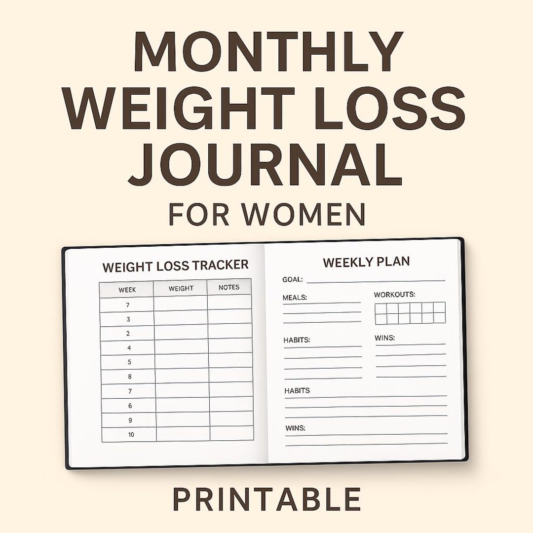 Monthly Weight Loss Journal for Women – Printable Motivation Tracker, Fitness & Wellness Planner ...