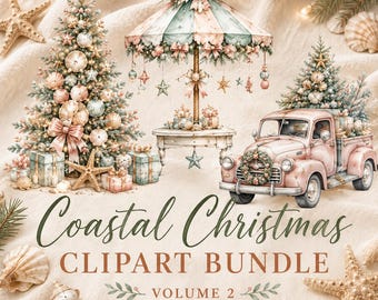 Coastal Christmas-clipartbundel vol 2 | 30 aquarel png's, strandvakantie clipart, pastel kerst png, commercieel gebruik