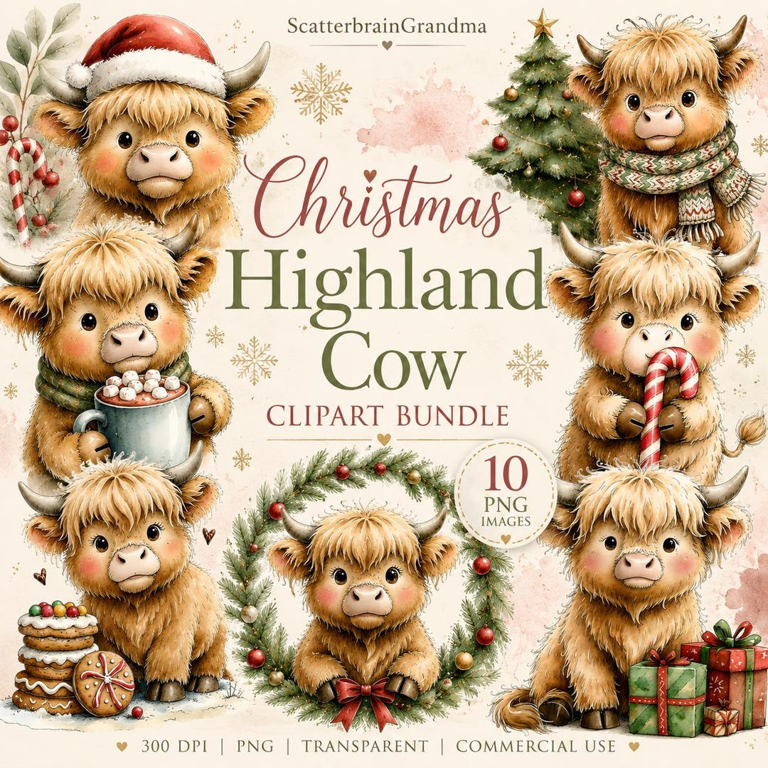 Christmas Highland Cow Clipart Bundle | Winter Farm Watercolor PNG ...